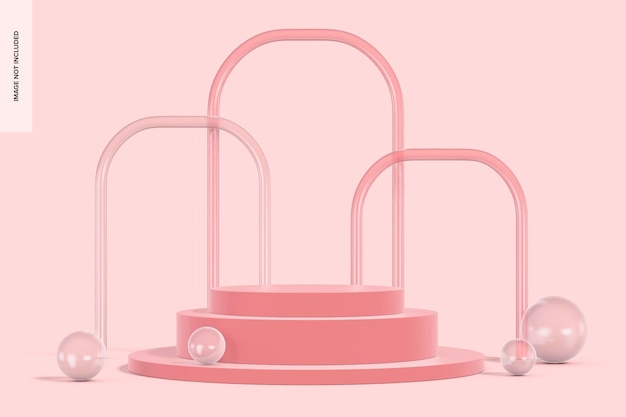 Maqueta de escenario de podio rosa esmerilado, con telones de fondo