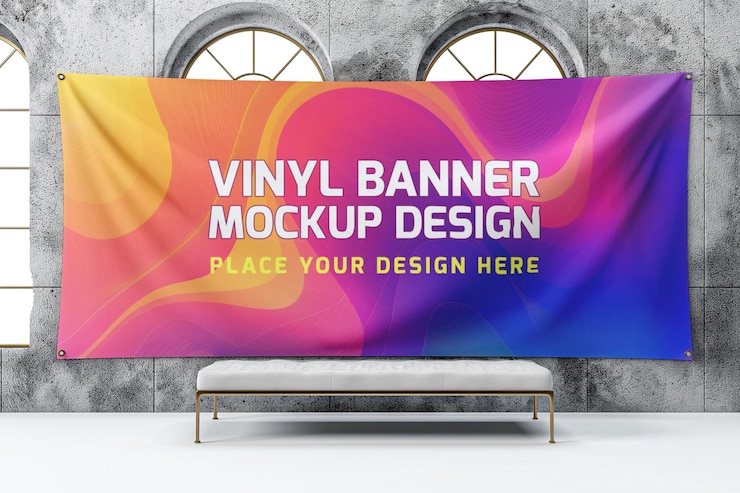 una maqueta de estandarte de vinilo colorido en una pared