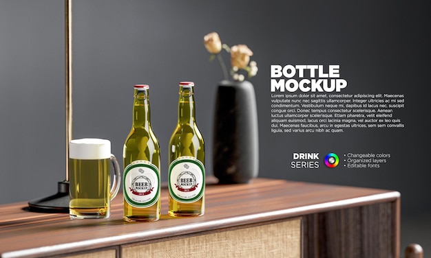 PSD maqueta de etiqueta de botellas de cerveza con taza en escena 3d
