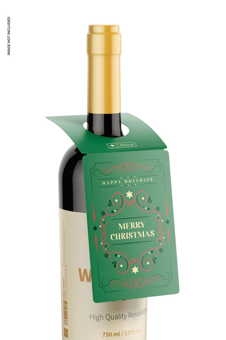 Maqueta de etiqueta de regalo de botella de vino, vista lateral