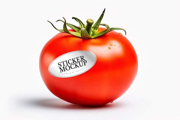 PSD maqueta de etiqueta sobre tomate rojo sobre fondo blanco.