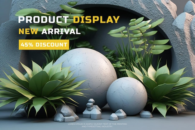 PSD maqueta de exhibición de escenario de podio de mármol para presentación de productos decorada con bosque tropical
