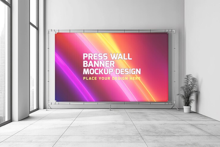 Maqueta de exhibición de soporte de banner de pared de prensa