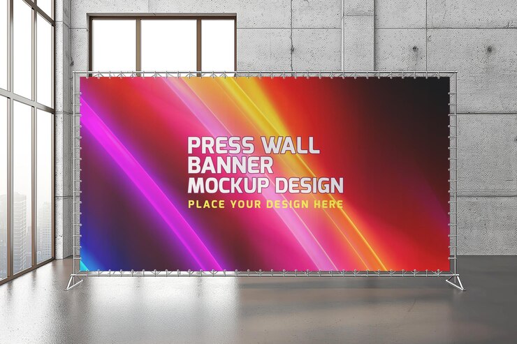 Maqueta de exhibición de soporte de banner de pared de prensa