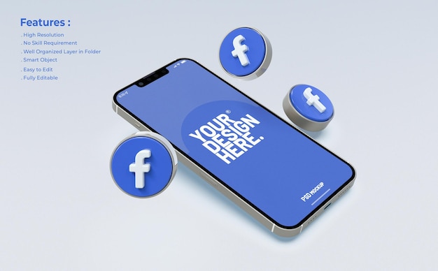 PSD maqueta de facebook en teléfono móvil con icono 3d