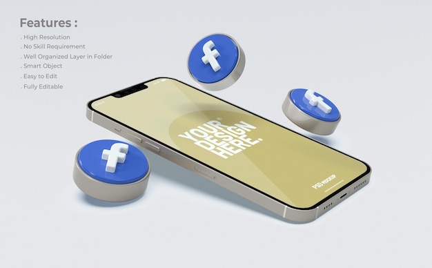 Maqueta de facebook en teléfono móvil con icono 3d