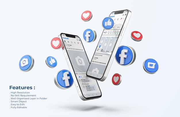 Maqueta de Facebook en teléfono móvil con iconos 3d