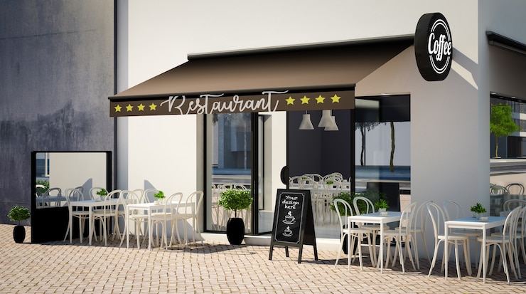 PSD maqueta de fachada de café con elementos de marca
