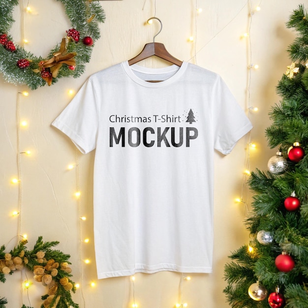 Maqueta de fondo de Navidad de camiseta blanca