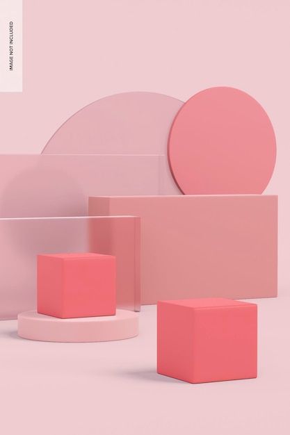 Maqueta de fondos esmerilados con podio rosa, vista izquierda