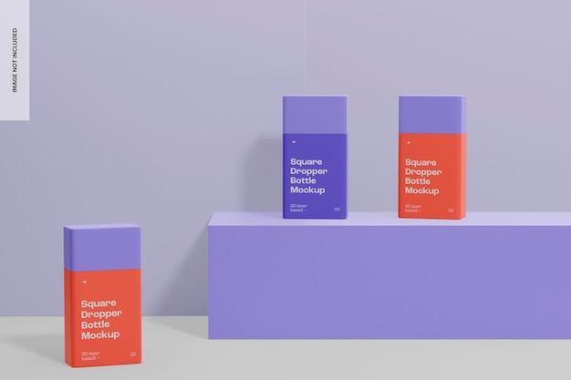 Maqueta de frascos cuentagotas cuadrados, en podio