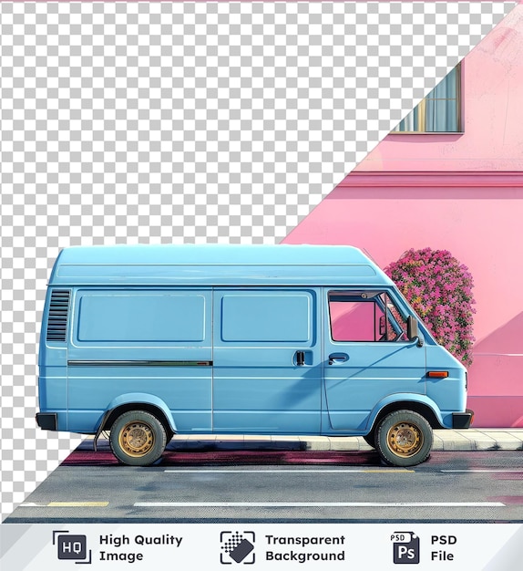PSD maqueta de furgoneta de entrega azul de primera clase estacionada frente a un edificio rosado con ventanas cerradas y puerta azul
