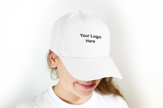 PSD maqueta de gorra blanca en mujer