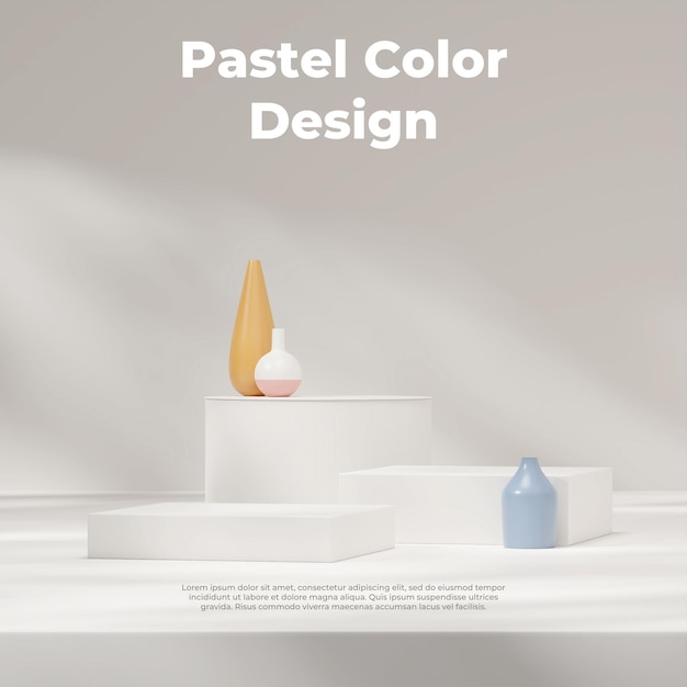 Maqueta de imagen de renderizado 3d de podio blanco en cuadrado con varias macetas de colores y sombra solar
