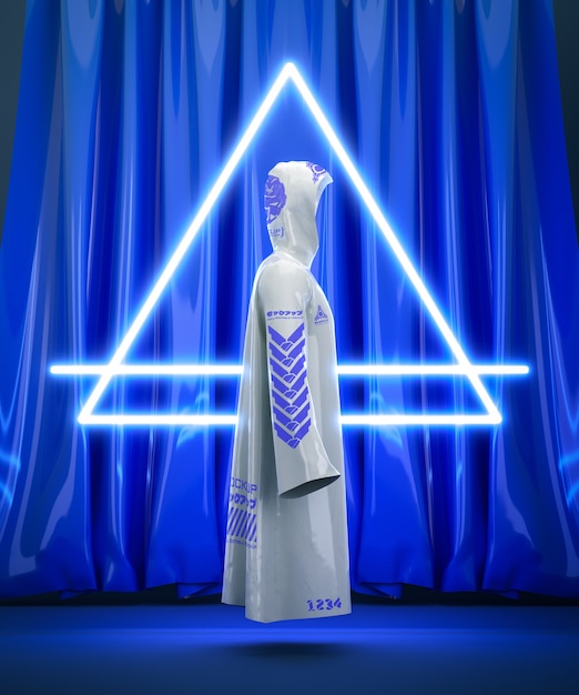 Maqueta de impermeable con luz de neón detrás