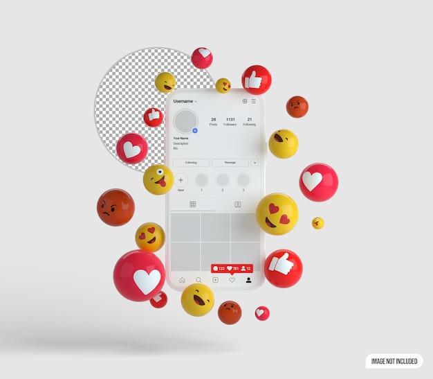 PSD maqueta de instagram de emojies y smartphone 3d