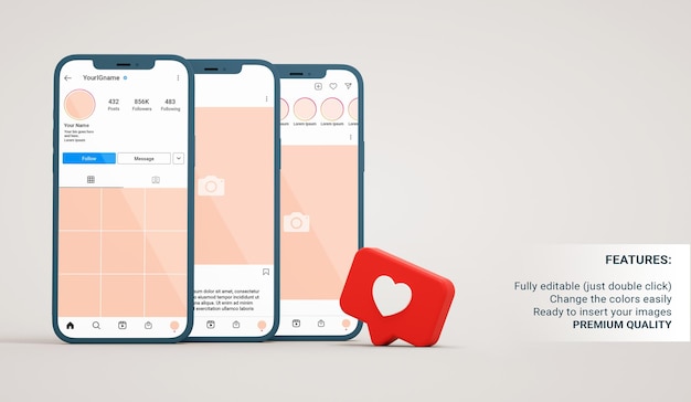 Maqueta de instagram de interfaces de perfil, publicación y alimentación en teléfonos inteligentes con notificación similar en renderizado 3d