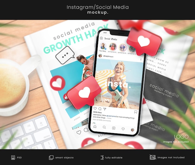 PSD maqueta de instagram con maqueta de teléfono y maqueta de portada de libro