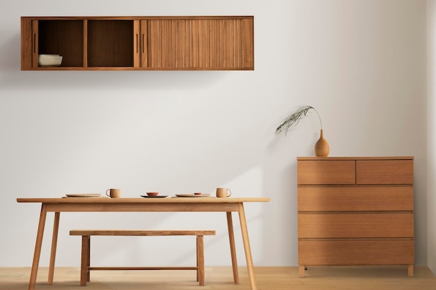 Maqueta interior de comedor Japandi con muebles de madera.