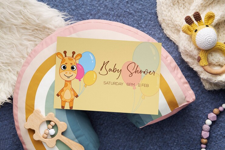 PSD maqueta de invitación de baby shower de niña de vista superior
