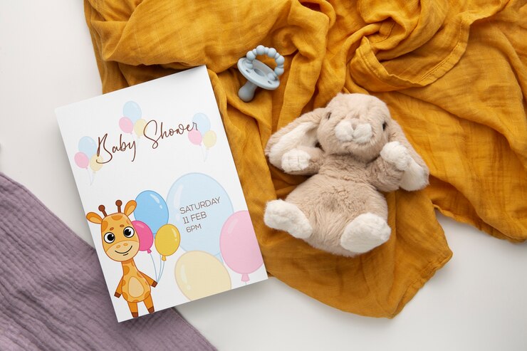 PSD maqueta de invitación de baby shower de niña de vista superior