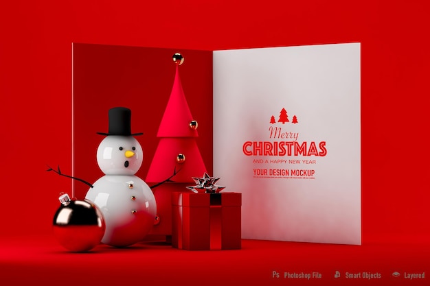 Maqueta de invitación de Navidad con muñeco de nieve, árbol de Navidad y regalos sobre fondo rojo.