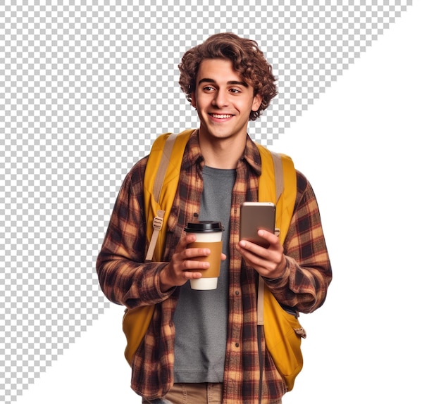 Maqueta de un joven con un teléfono inteligente y café en las manos