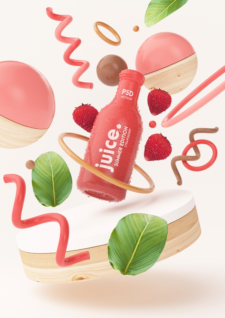 PSD maqueta de jugo fresco de verano con fresas