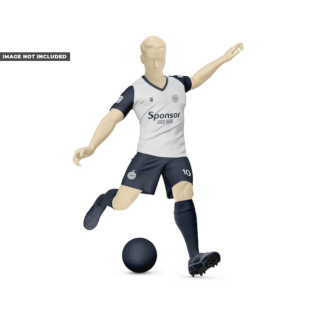 PSD maqueta de kit completo de fútbol para hombre en acción, vista lateral media con cuello en v