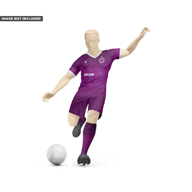 Maqueta de kit de fútbol completo para hombre en acción, vista frontal con cuello en V