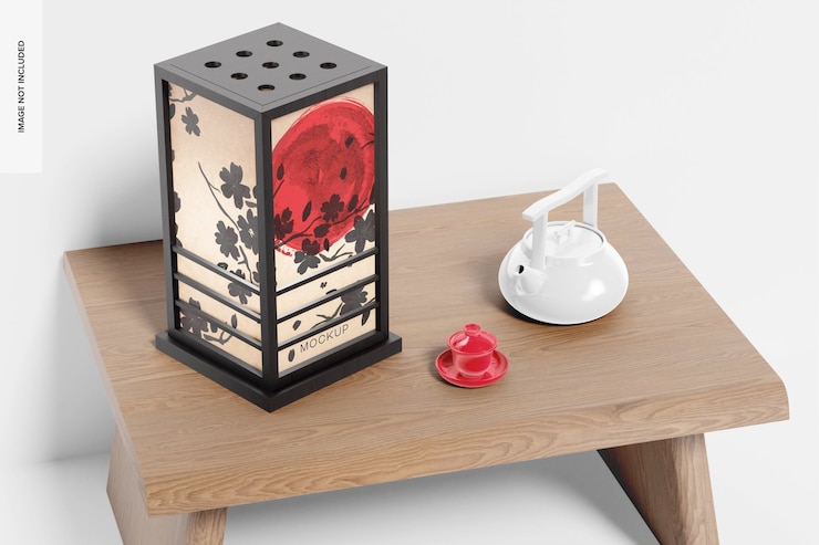 PSD maqueta de lámpara de escritorio japonesa, vista de ángulo alto