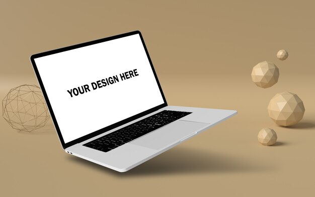 Maqueta de laptop flotante con fondo pop psd gratis