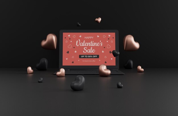 PSD maqueta de laptop negra con corazones negros y dorados en el día de san valentín