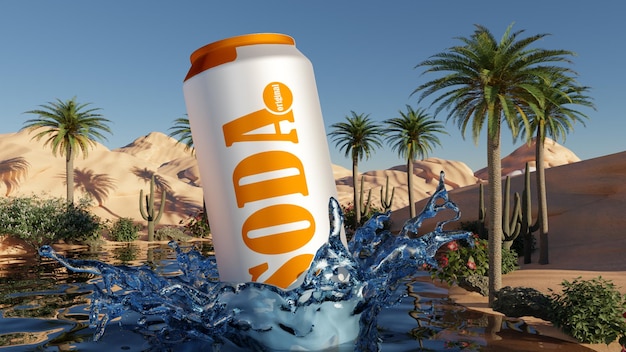 Maqueta de lata de refresco 3d realista con escena del desierto y naturaleza