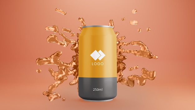 Maqueta de lata de refresco de naranja con jugo de salpicaduras