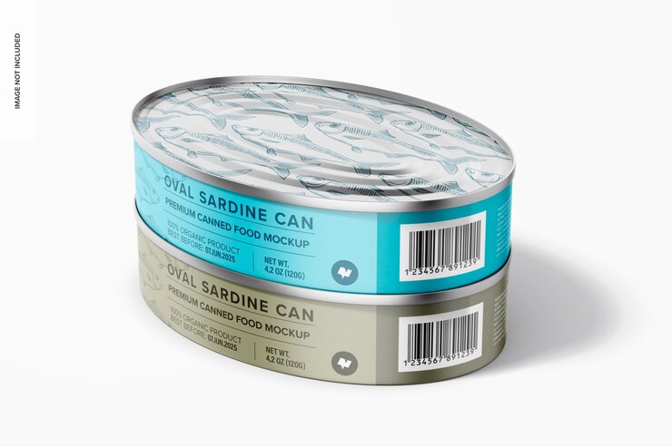 PSD maqueta de latas de sardina ovaladas de 120 g vista derecha