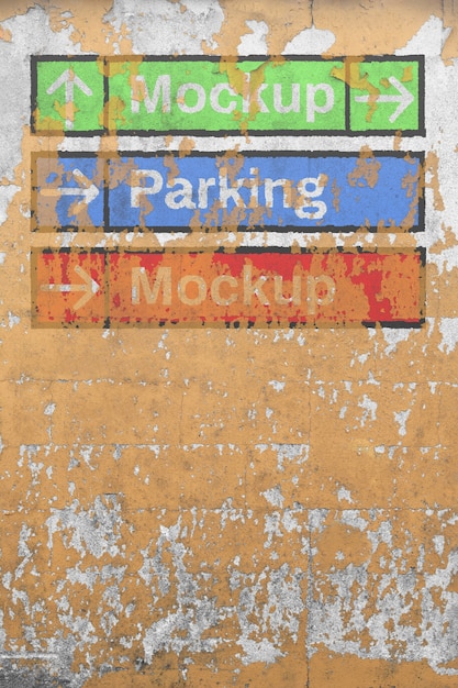 Maqueta de letrero de bloque de hormigón en una pared con textura