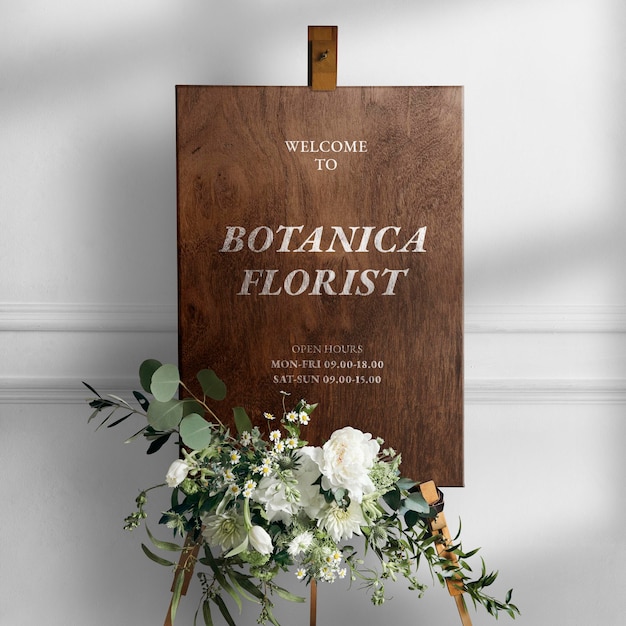 Maqueta de letrero de caballete de bodas en textura de madera con flores