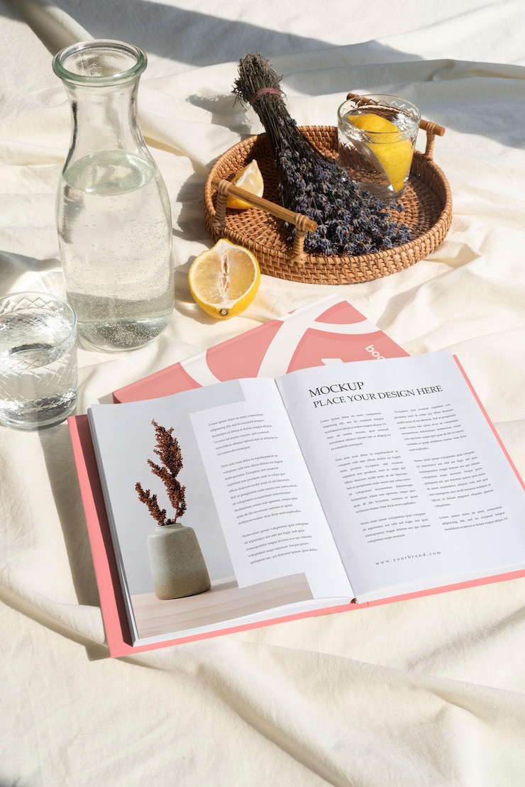 PSD maqueta de libro con bodegón mínimo.