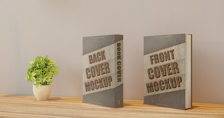 PSD maqueta de libro para portada y contraportada en escritorio de pared