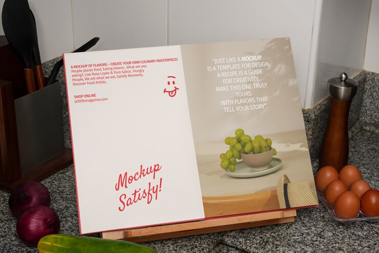 PSD maqueta de libro de recetas en la cocina