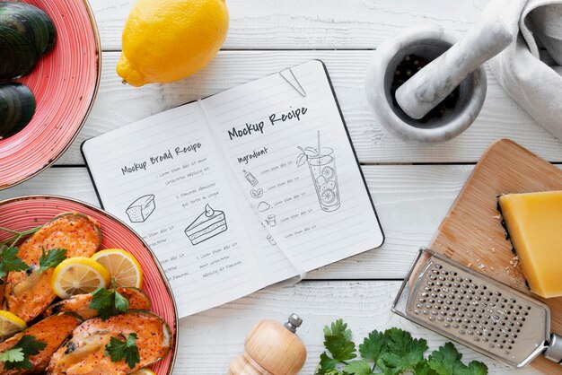 Maqueta de libro de recetas con hermosa naturaleza muerta