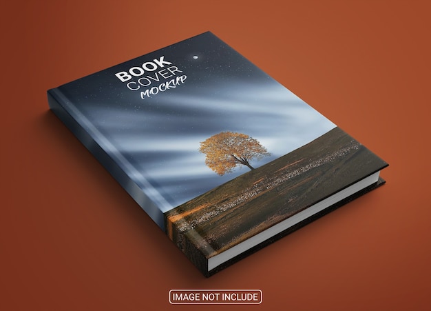 Maqueta de libro de tapa dura realista sobre fondo rojo claro