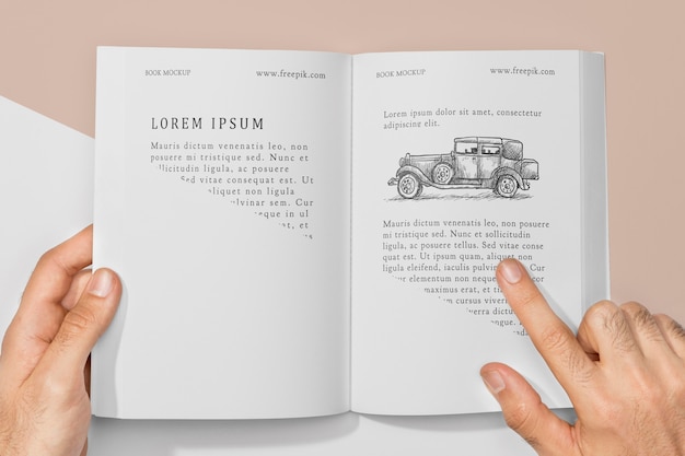 PSD maqueta de libro de vista superior con ilustración de coche