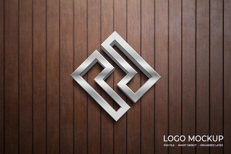 Maqueta de logo 3d en pared de madera