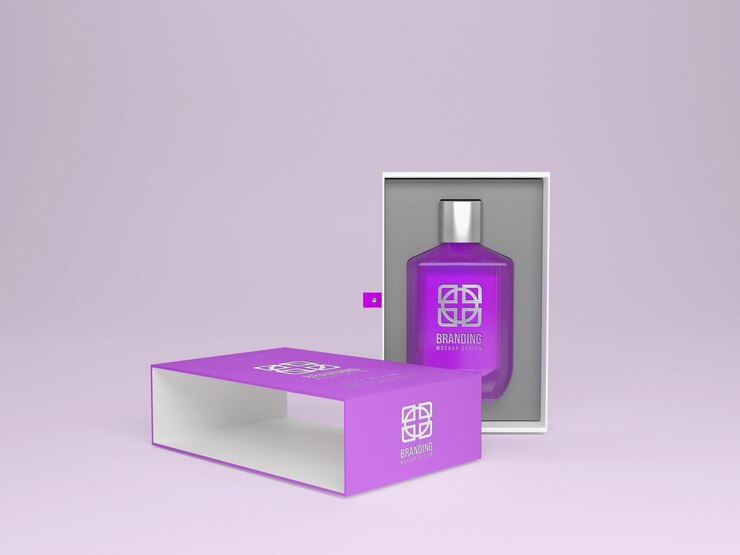 Maqueta de logo de botella de perfume con caja