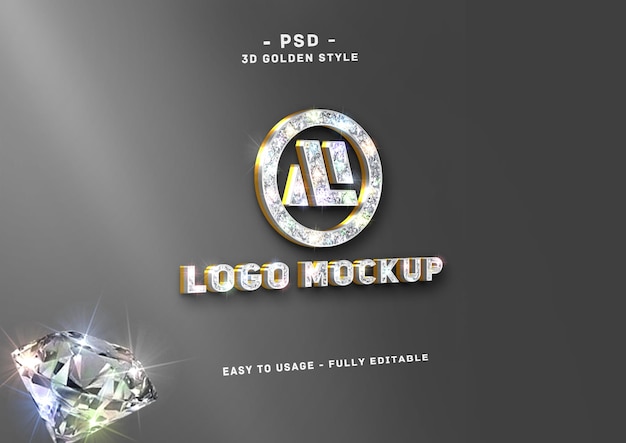 Maqueta de logo de diamante en pared estilo dorado plateado 3d
