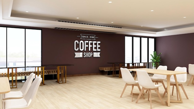 Maqueta de logotipo 3d en cafetería o restaurante con diseño interior moderno