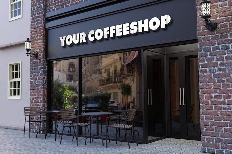 PSD maqueta de logotipo 3d de fachada de cafetería