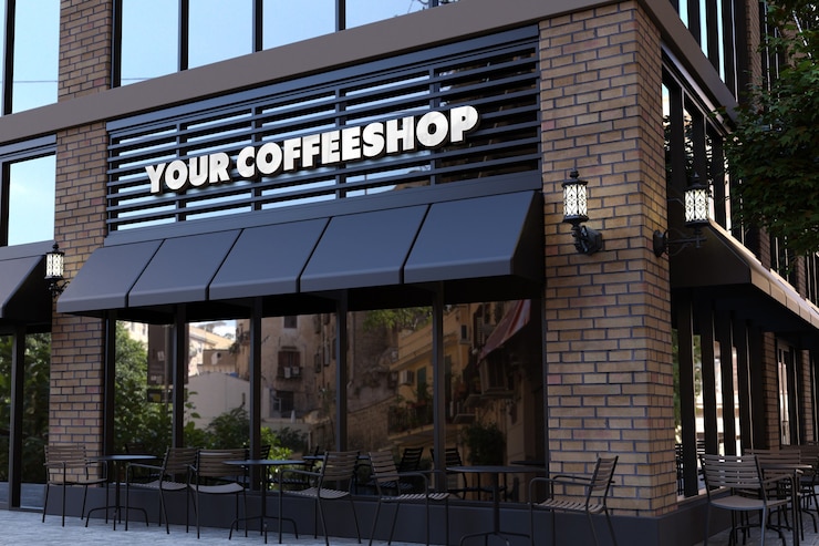 PSD maqueta de logotipo 3d en letrero de fachada de cafetería